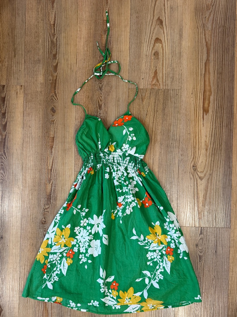 Poema Green Floral Halter Dress with Yellow & White Blooms